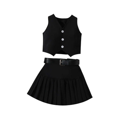 Girls' Fashionable V-neck Solid Color Single-breasted Vest Top Pleated Skirt Belt Three-piece Set