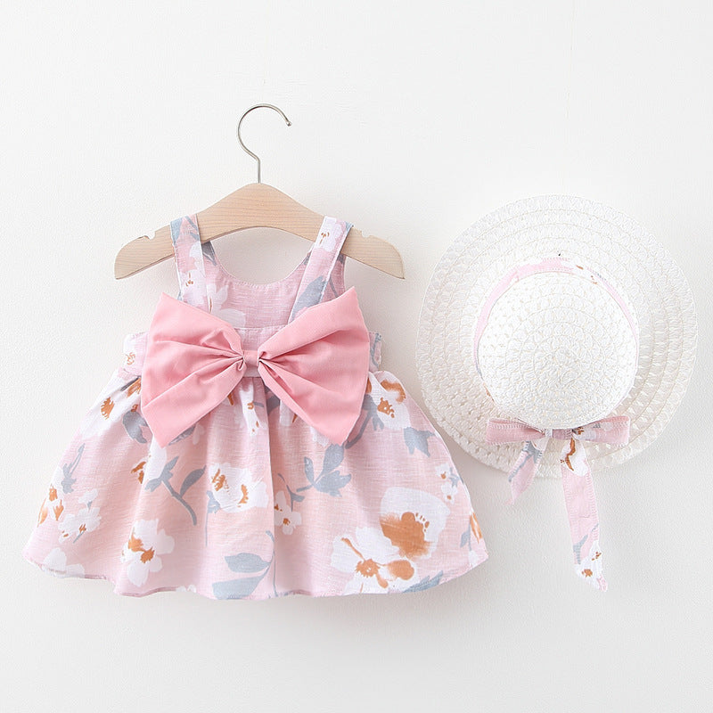 A749 Summer New Female Baby Vest Skirt Princess Dress 1234 Years Old With Big Bow Flower Skirt On The Chest On Behalf Of Hair
