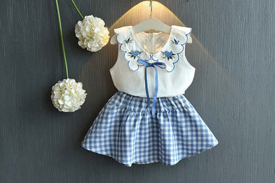 Sleeveless Embroidered Top Fashion Plaid Skirt Two-piece Set