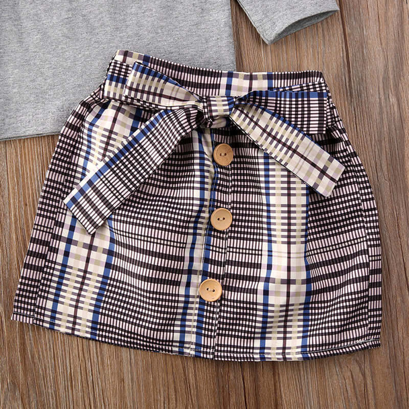 Girls' Autumn Pleated Long Sleeve Top + Plaid Skirt 2-Piece Set