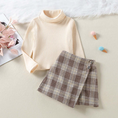 Solid Color Top  Plaid Skirt Two Piece Set