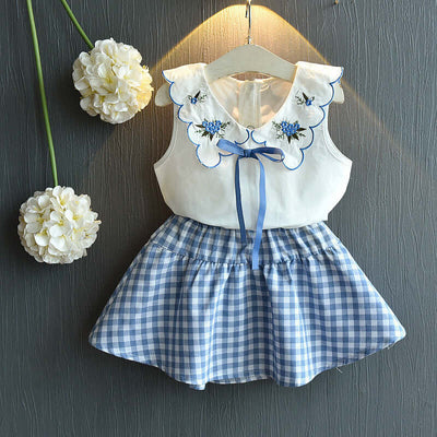 Sleeveless Embroidered Top Fashion Plaid Skirt Two-piece Set