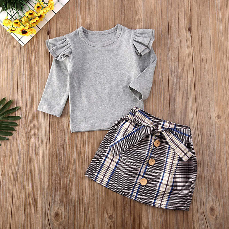 Girls' Autumn Pleated Long Sleeve Top + Plaid Skirt 2-Piece Set