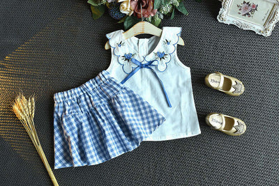 Sleeveless Embroidered Top Fashion Plaid Skirt Two-piece Set
