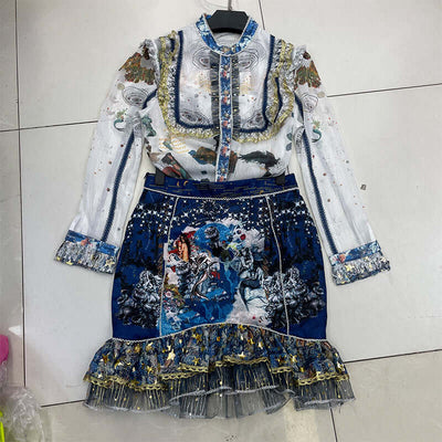 Women's Suit Long-sleeved Lace Shirt Hip Skirt 2-piece Set