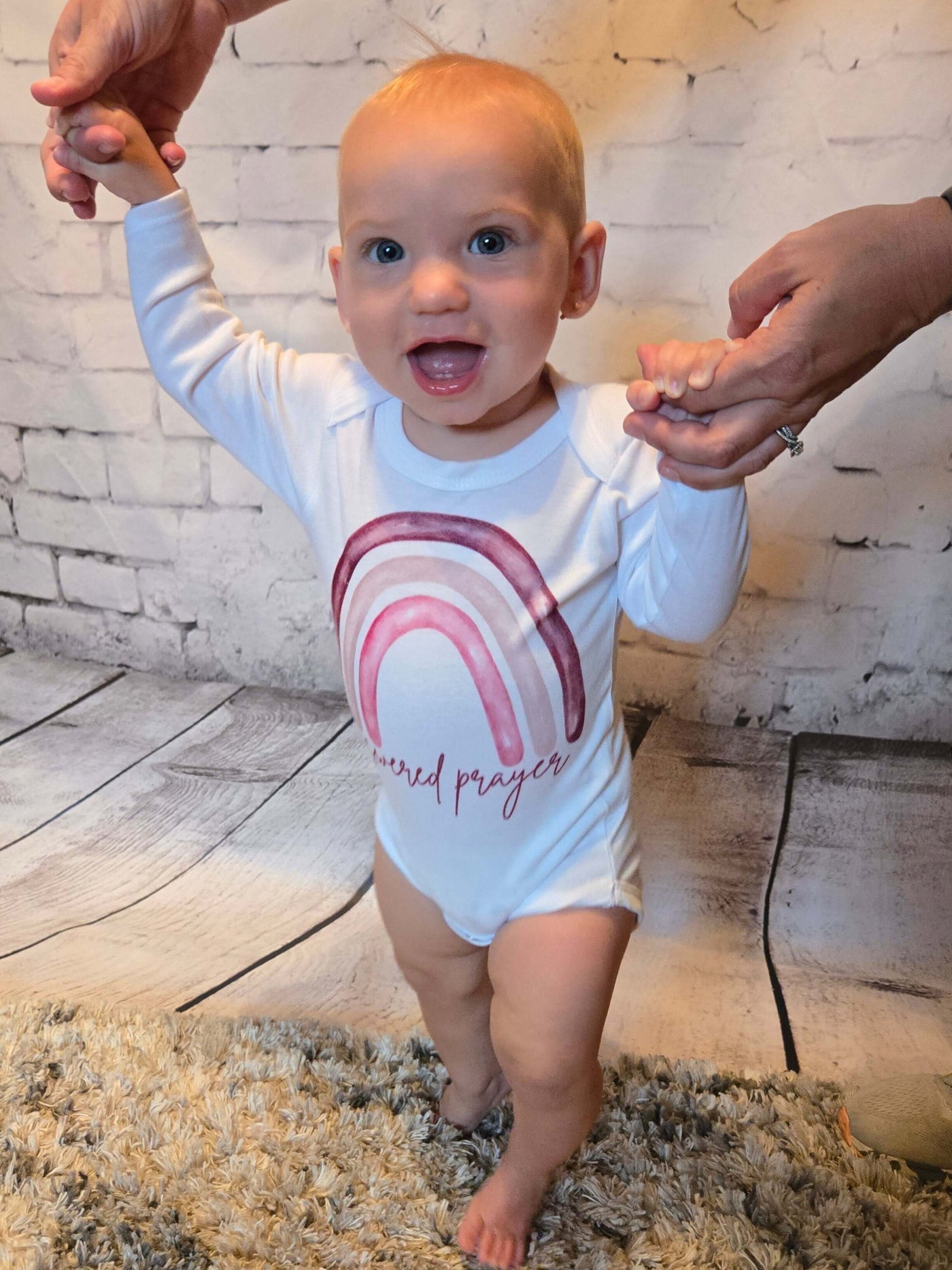 Answered Prayer Rainbow Long Sleeve Baby Onesie - pink Lydia