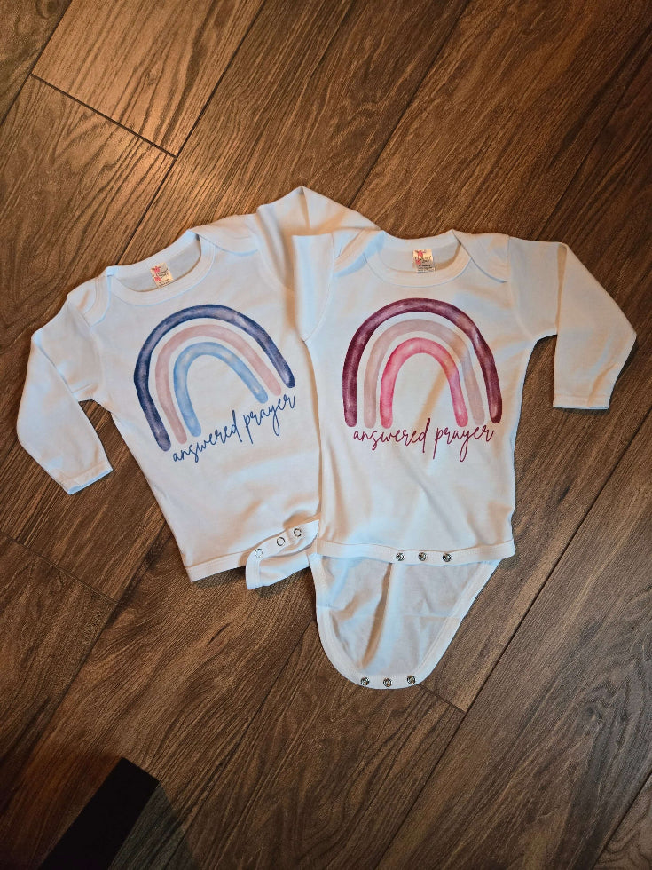 Answered Prayer Rainbow Long Sleeve Baby Onesie - pink  blue