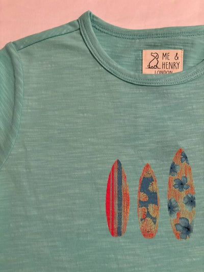 Aqua Surfboard Printed Tee - closeup