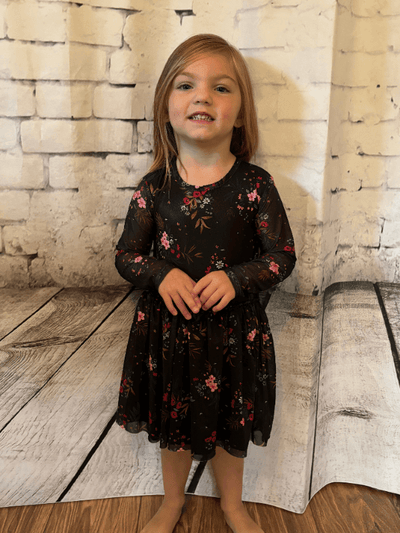 Black Holiday Dress with Floral Overlay - full Leah