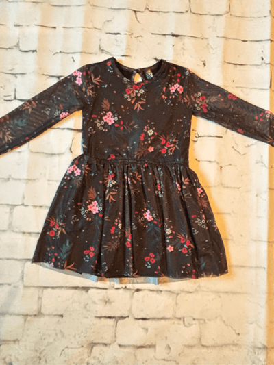 Black Holiday Dress with Floral Overlay - full view