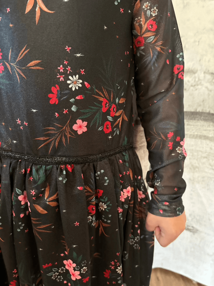 Black Holiday  Dress with Floral Overlay - sleeve view