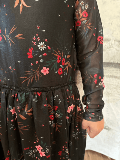 Black Holiday  Dress with Floral Overlay - sleeve view