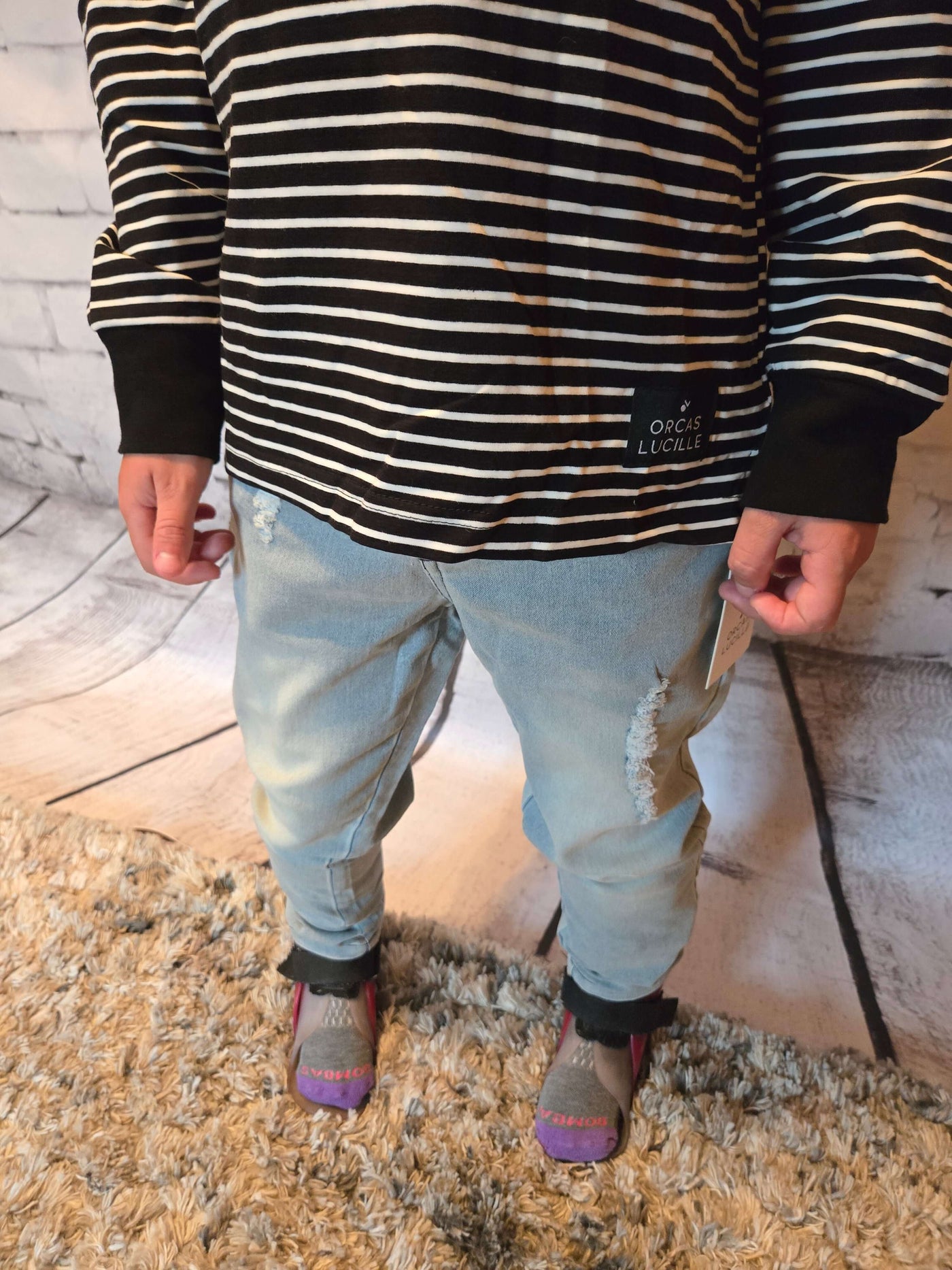 Boys Long Sleeve Black Stripe Tee - close up Kayden