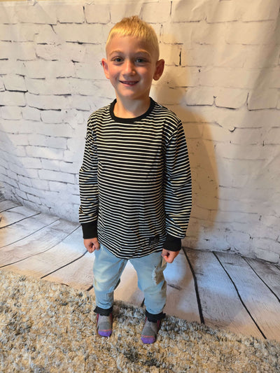 Boys Long Sleeve Black Stripe Tee - front view Kayden