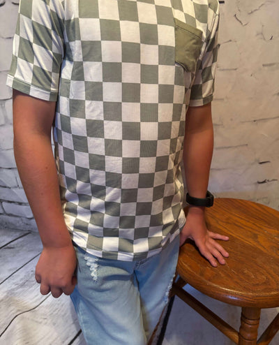 Boys Checkered Pocket Tee - Sage front view