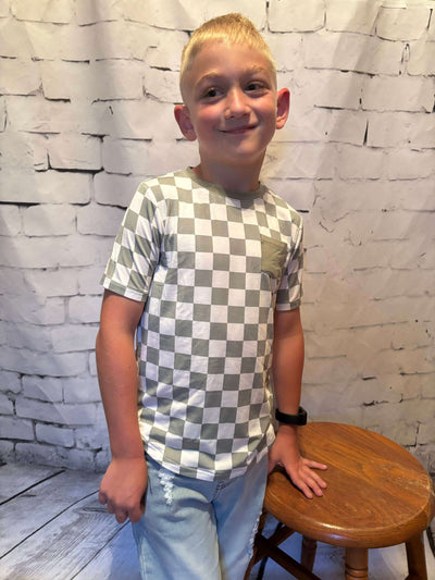 Boys Checkered Pocket Tee - Sage front view Kayden