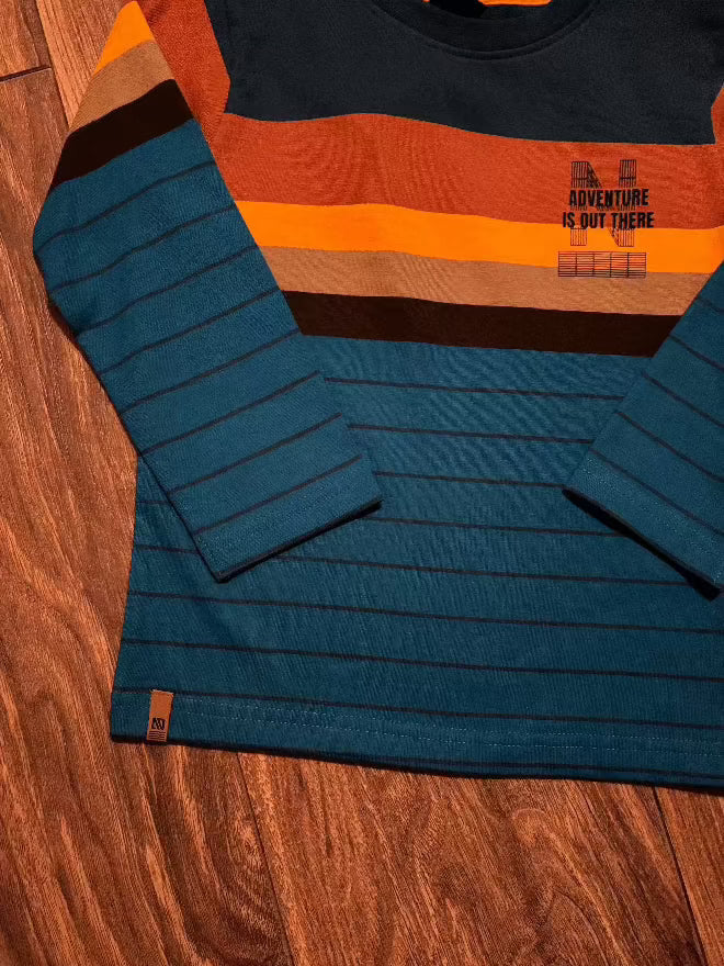 Boys Long Sleeve T-Shirt Navy-Blue striped shirt with orange and black stripes on a wooden surface