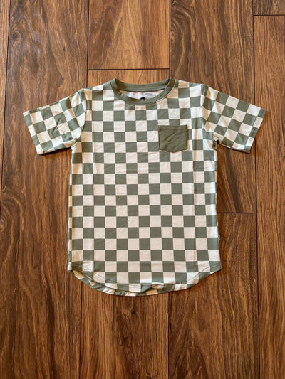 Boys checkered Pocket Tee - Sage front view