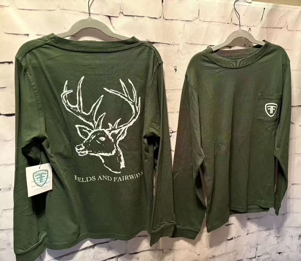 fields fairway long sleeve green deer pocket- back and front