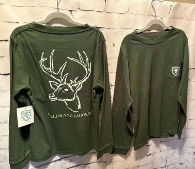 fields fairway long sleeve green deer pocket- back and front
