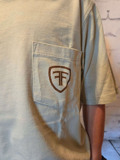 Fields Fairway Short Sleeve Stone Deer Pocket T-shirt front logo view Kayden