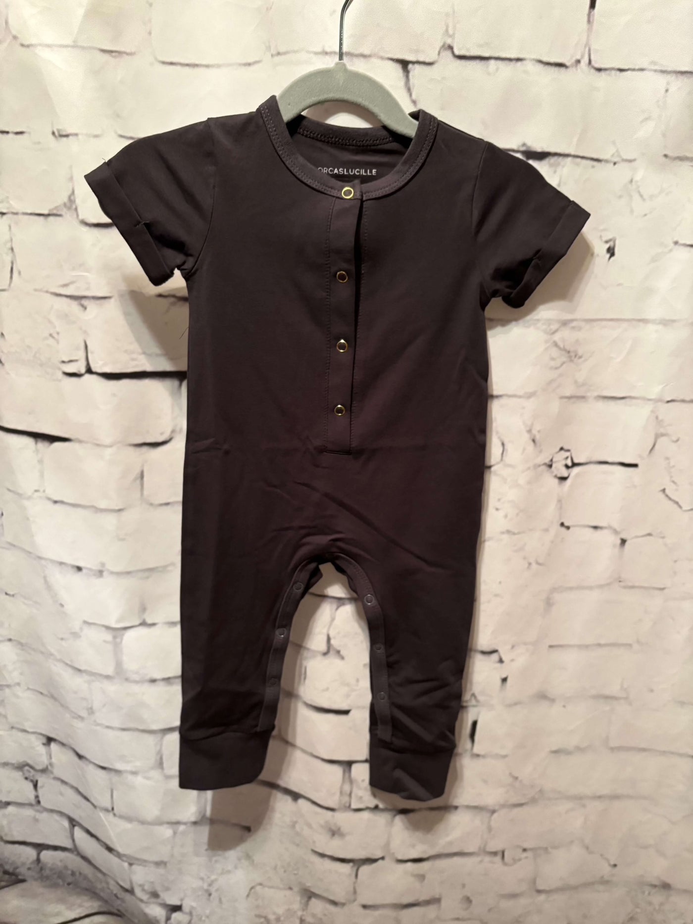 Infant Boys Short Sleeve Henley Romper - Off Black - full view