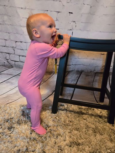 Infant Bamboo Zipper Footie - pink Lydia standing