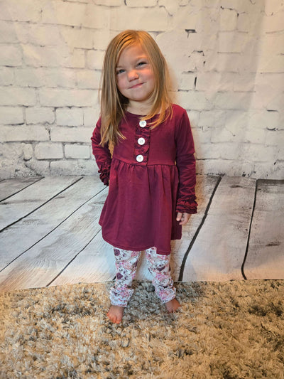 Kids Dark Plum Floral Long Sleeve Ruffle Pants Fall Set  - full view Leah