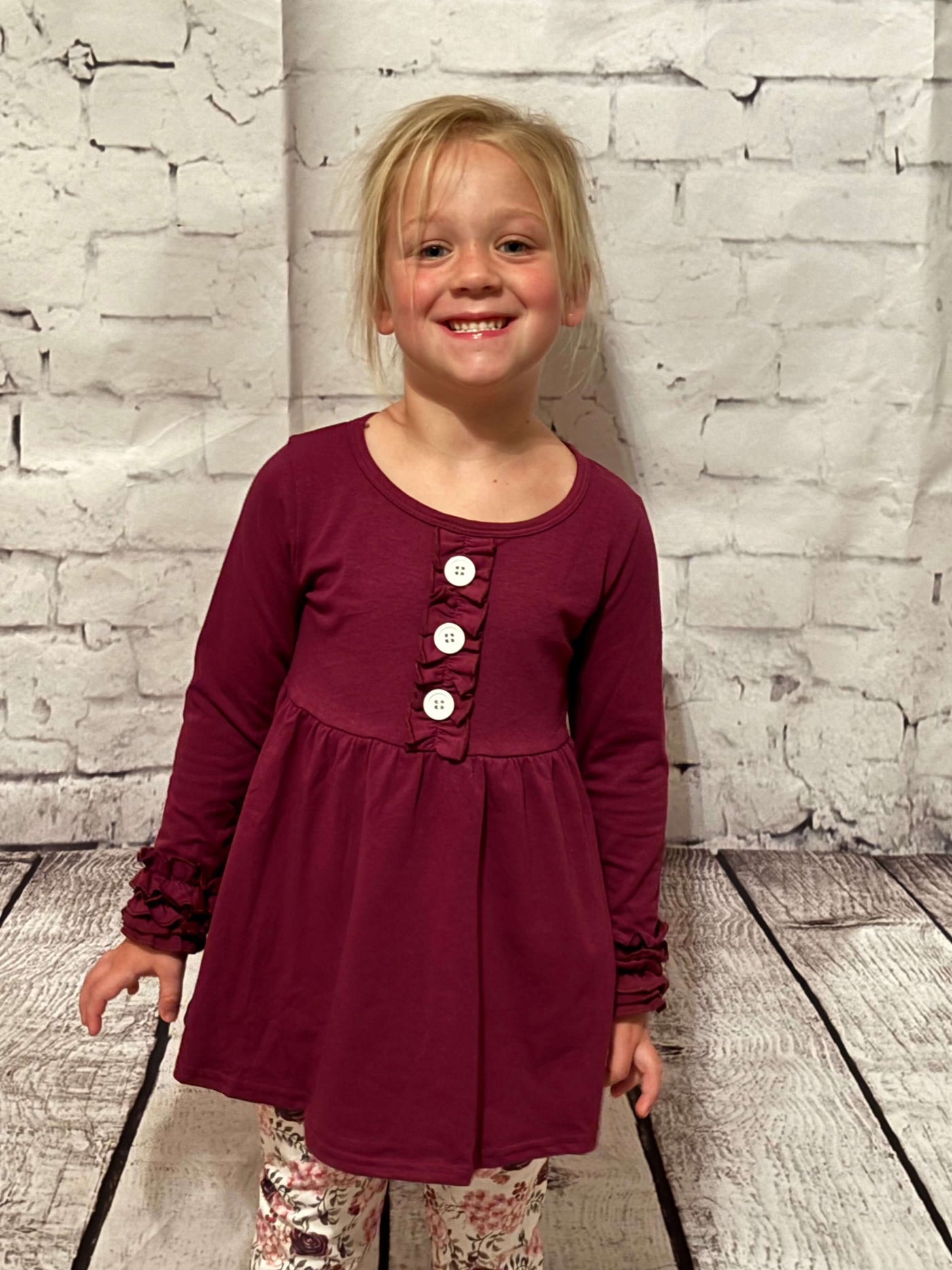 Kids Dark Plum Floral Long Sleeve Ruffle Pants Fall Set  - top Emma