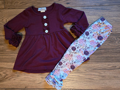 Kids Dark Plum Floral Long Sleeve Ruffle Pants Fall Set  full view