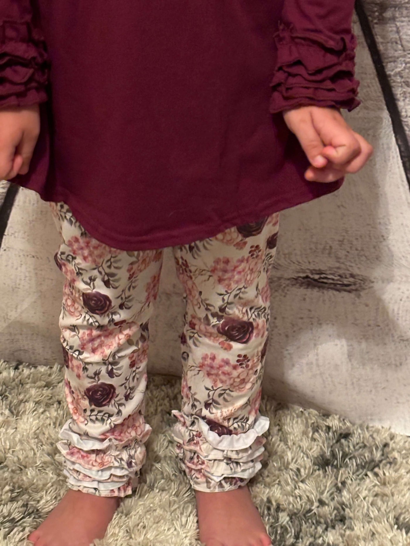 Kids Dark Plum Floral Long Sleeve Ruffle Pants Fall Set  pants