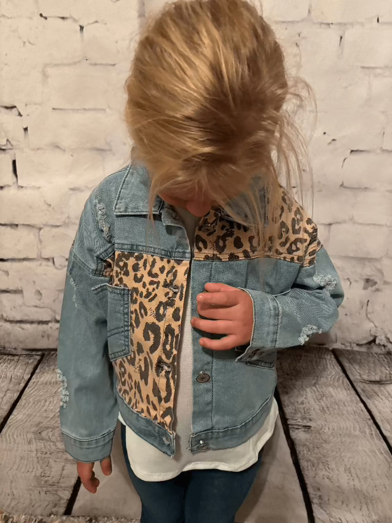 Kids Leopard Patch & Light Wash Denim Button Pocket Jacket - Emma 1