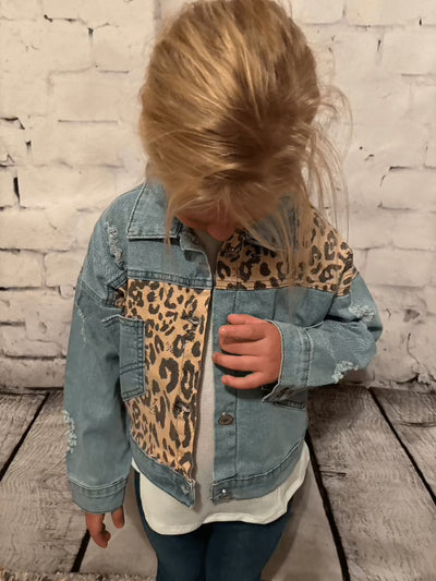 Kids Leopard Patch & Light Wash Denim Button Pocket Jacket - Emma 1