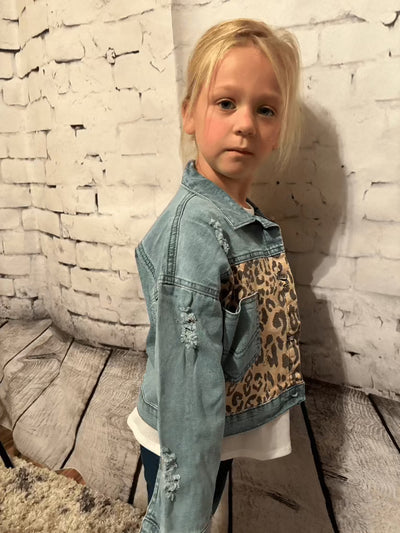 Kids Leopard Patch & Light Wash Denim Button Pocket Jacket - Emma attitude