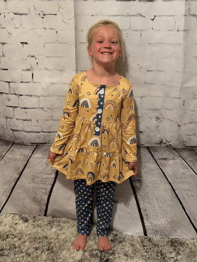 Kids Mustard Rainbow Polka Dot Fall Two Piece Button Set - Emma