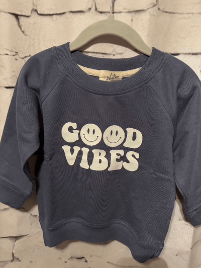 Organic Toddler Good Vibes Pullover Sweatshirt - blue closeup