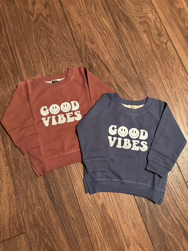 Organic Toddler Good Vibes Pullover Sweatshirt m- Clay and Blue