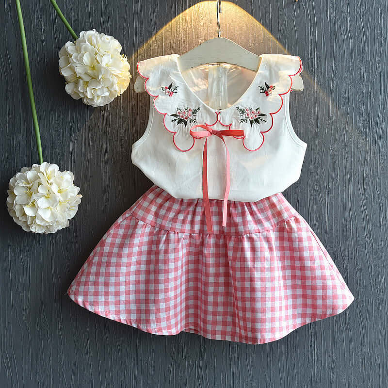 Sleeveless Embroidered Top Fashion Plaid Skirt Two-piece Set