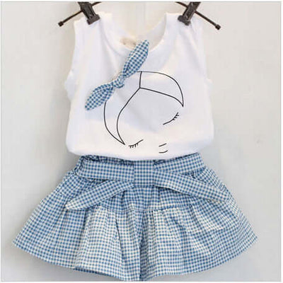 AiLe Rabbit Girls Fashion Clothes Set Short Sleeve Shirt Short Skirt 2 Piece Suits Cartoon Girl Bow Cotton Kids Clothes Set k1 - Kello Kids