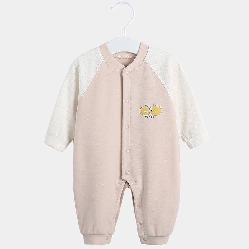 Baby Cottom Romper - with white sleeves and beige body on a hanger against a white background