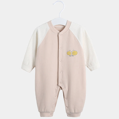 Baby Cottom Romper - with white sleeves and beige body on a hanger against a white background