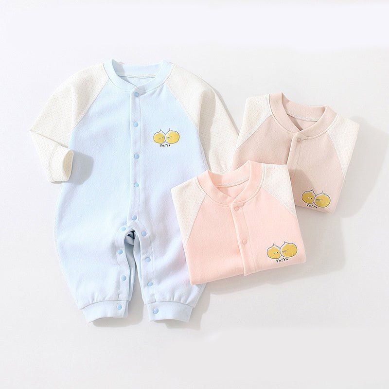 Baby Cottom Romper - Two baby rompers, one light blue and one pink, with yellow smiley face designs on a white background.