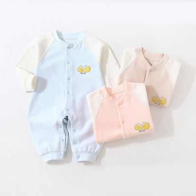Baby Cottom Romper - Two baby rompers, one light blue and one pink, with yellow smiley face designs on a white background.