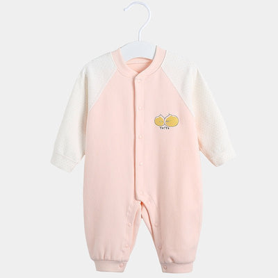 Baby Cottom Romper - Pink and white baby romper with embroidered design on a hanger against a white background