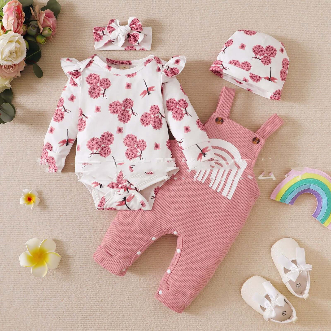 Baby Fashion Flounced Sleeve Lace Floral Suspender Rainbow Set