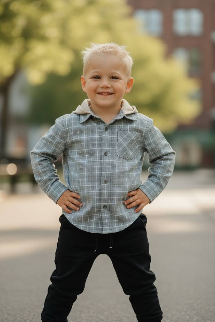 Young boy wearing a plaid shirt and black pants standing outdoors with blurred background
