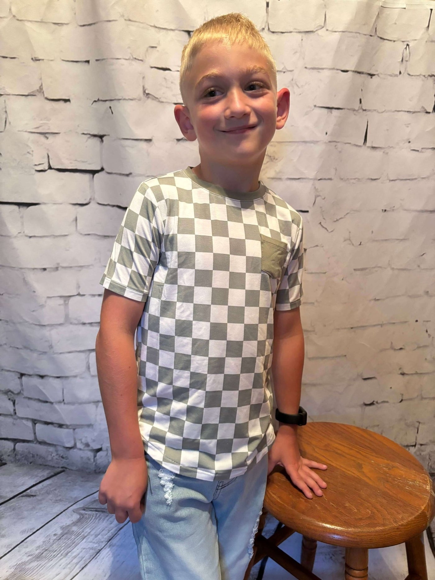 Boys Checkered Pocket Tee - Sage front view Kayden