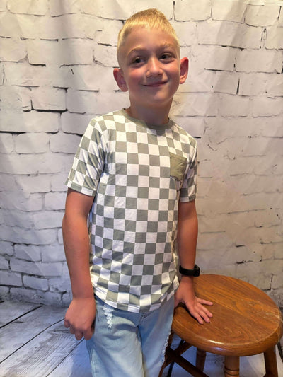 Boys Checkered Pocket Tee - Sage front view Kayden
