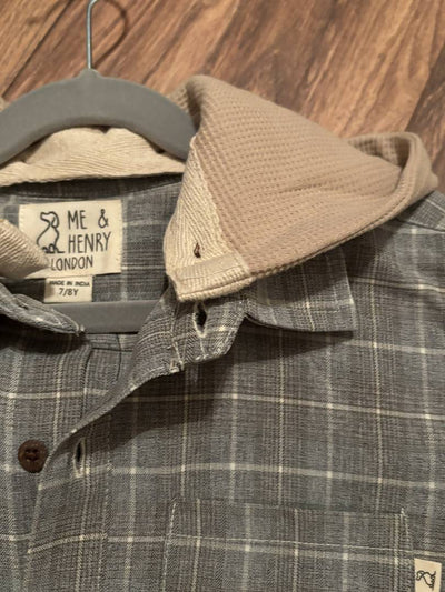 Gray checkered shirt with beige collar on a hanger, featuring 'Me & Henry London' label.