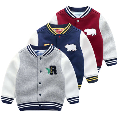 Boys Knit Cardigan JacketThree children's jackets in gray, blue, and red with bear designs on a white background